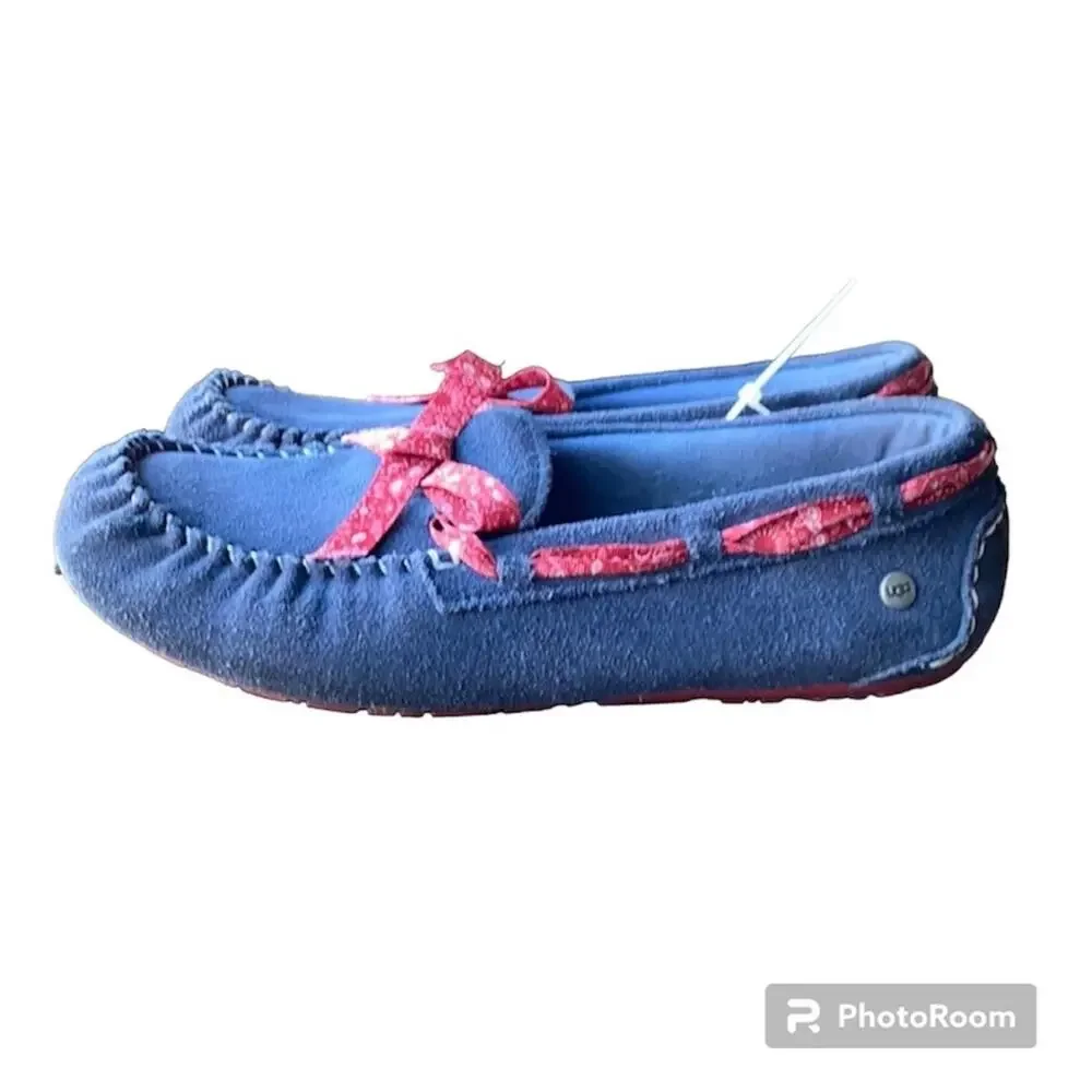 Ugg Indigo & Red Bandana Ryder Suede Moccasin slipper size 5 cozy warm coquette